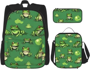 Funny Green Frogs Print Versatile Adjustable Shoulder Fashion Backpack Lunch Bag Pencil Case Large Capacity