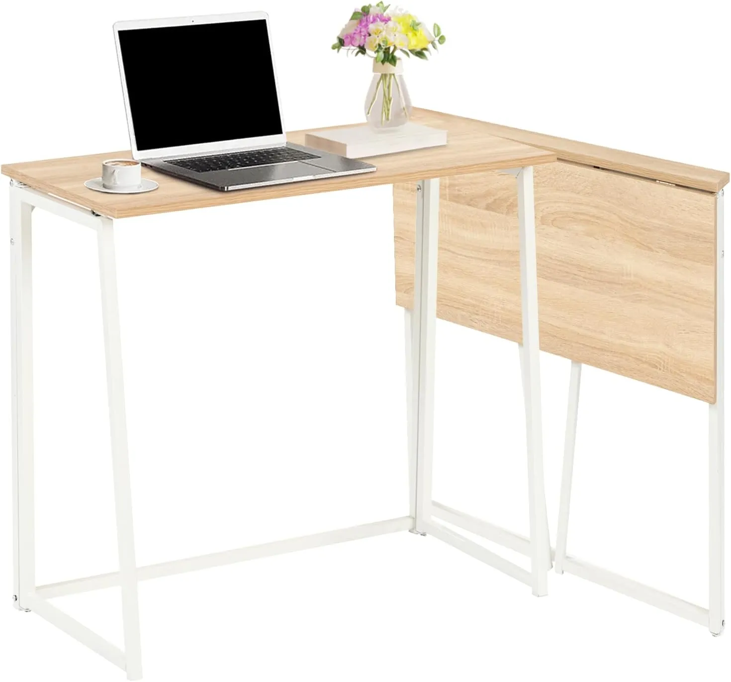 FurnitureR Folding Desk, 31.5 Inches Foldable Simple Laptop Table, Space Saving Computer Study Desk Compact Writing Workstation for Small Space, Light Oak