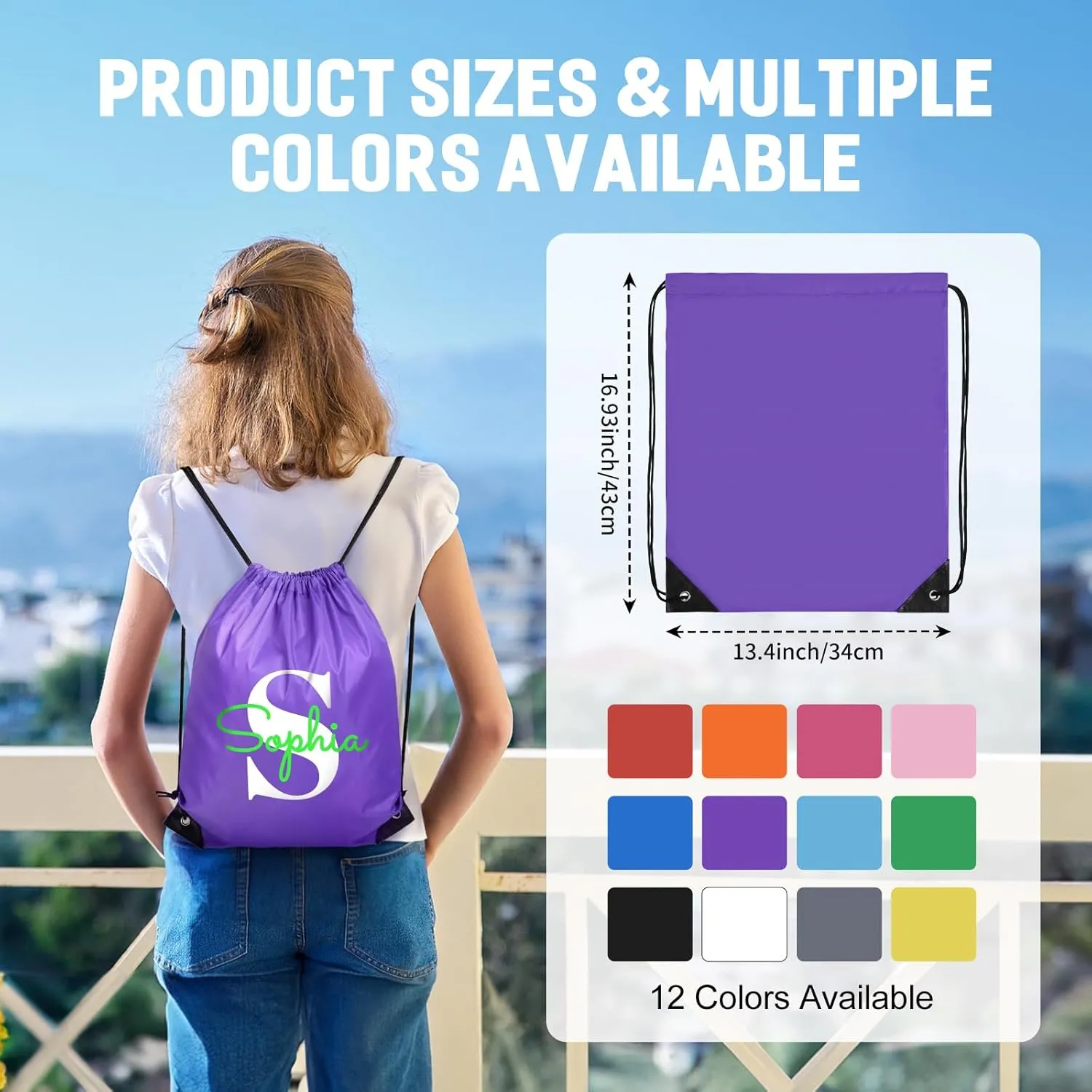 Fyore Custom Drawstring Backpacks, 200 Pack Personalized Drawstring Sports Bags with Your Monograms for Gym Beach Climb Trips Party Events- 13.4x17Inch,12 Colors