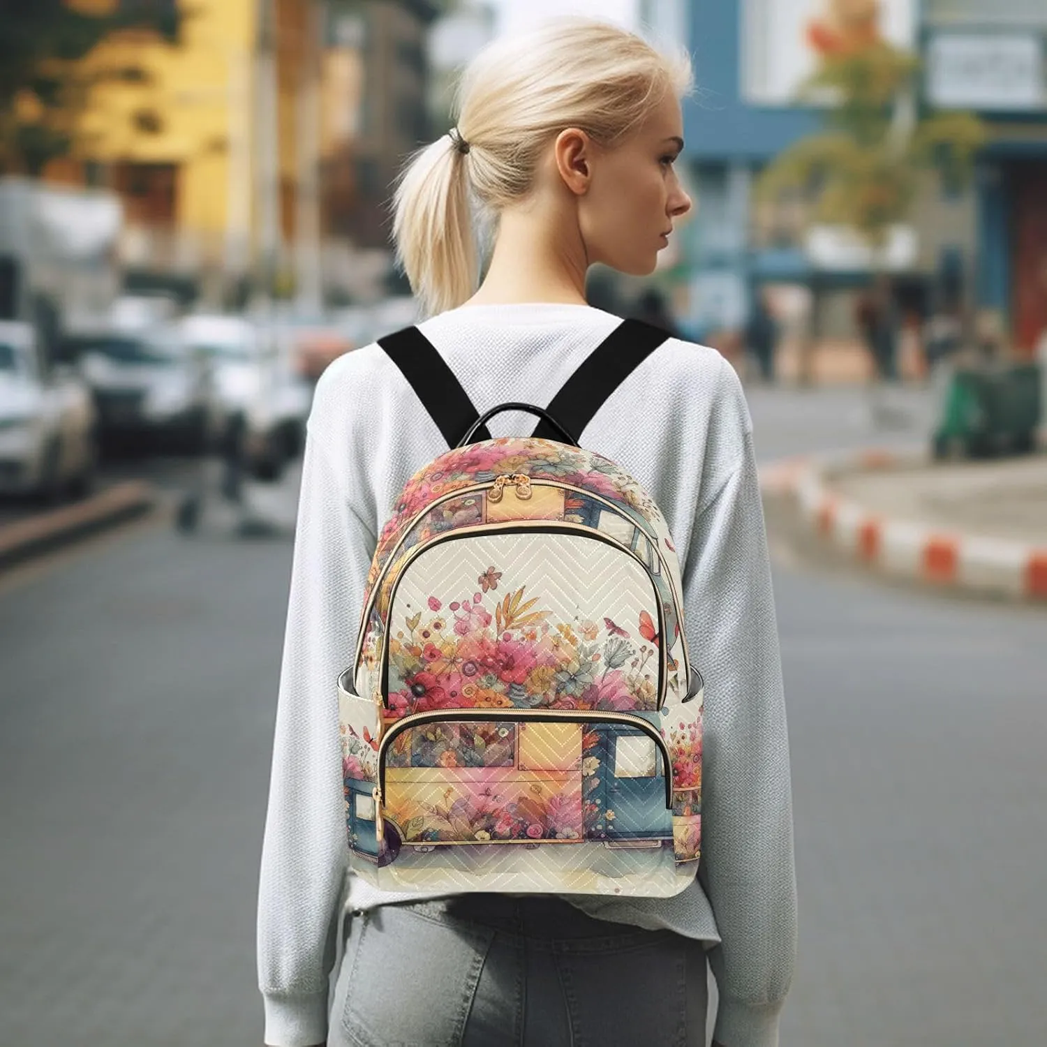 GAIGEO Colorful Flowers Butterfly Spring Truck Womens Daily Backpack, Casual Daypacks, Women Backpack for Travel, S