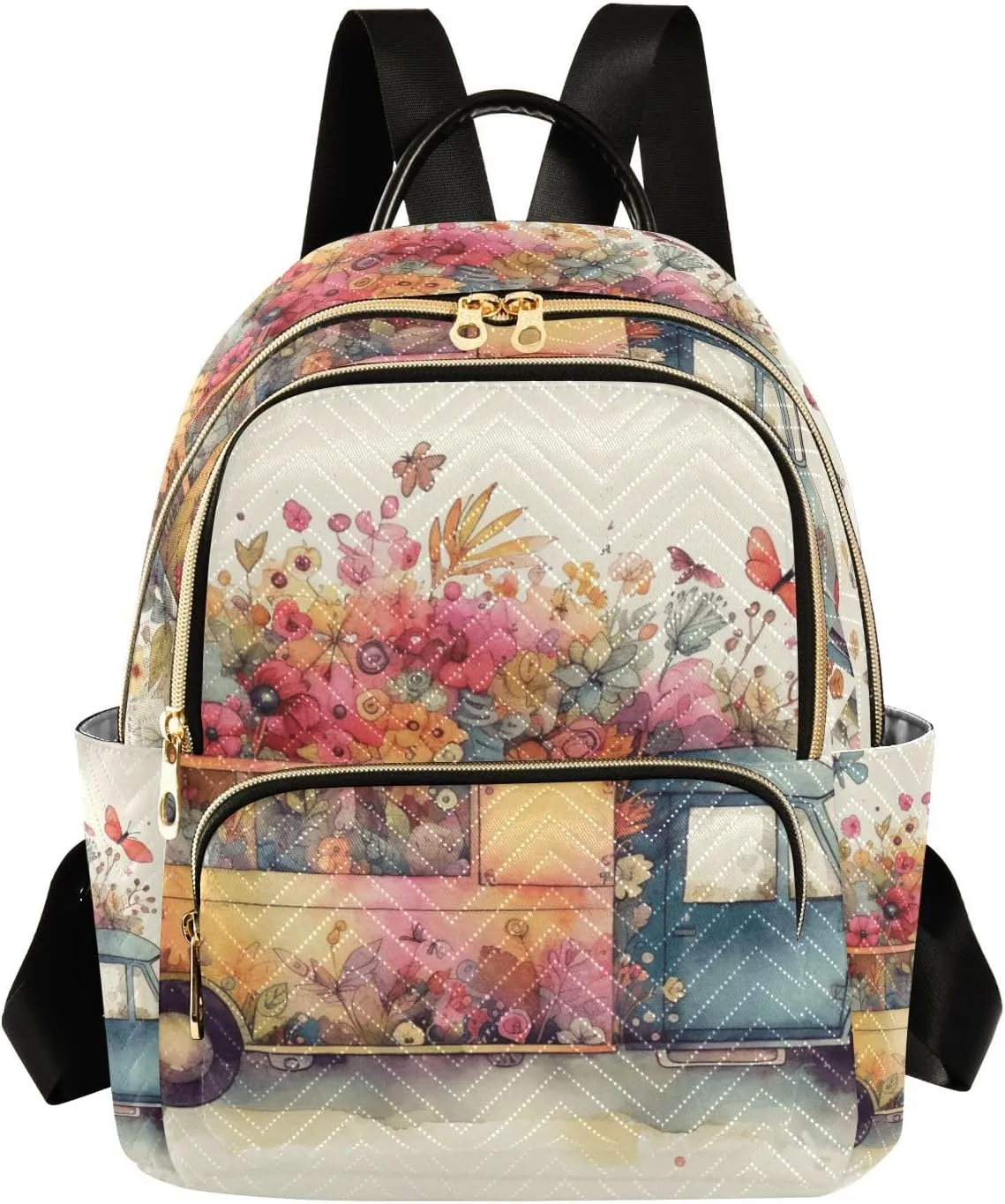 GAIGEO Colorful Flowers Butterfly Spring Truck Womens Daily Backpack, Casual Daypacks, Women Backpack for Travel, S