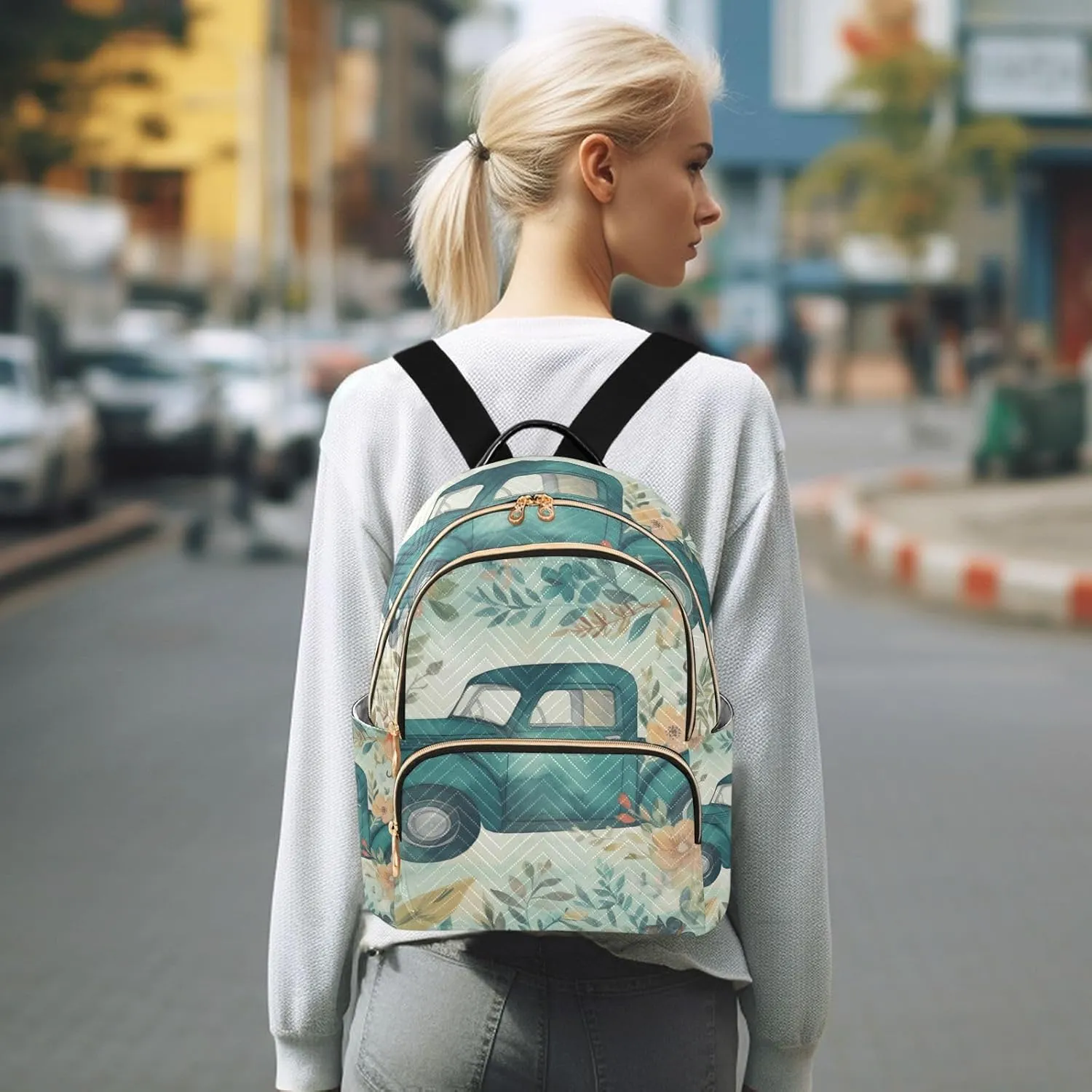 GAIGEO Light Blue Truck with Butterflies and Flowers Lady Backpack, Casual Day Backpack, Utility Backpack for Women, S