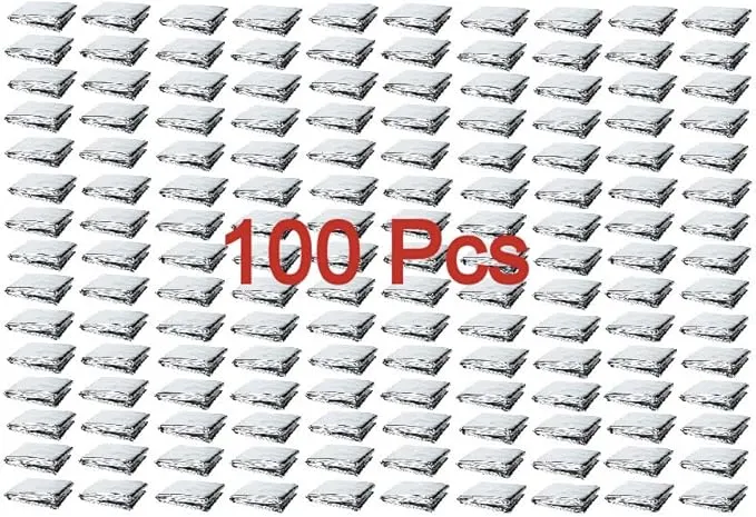 GALAXYLENSE Emergency Mylar Thermal Blanket for Survival First Aid Kits Army Outdoors Hiking Camping Bug Out Trauma Desert All Weather Condition Protection (100 Packs Silver)