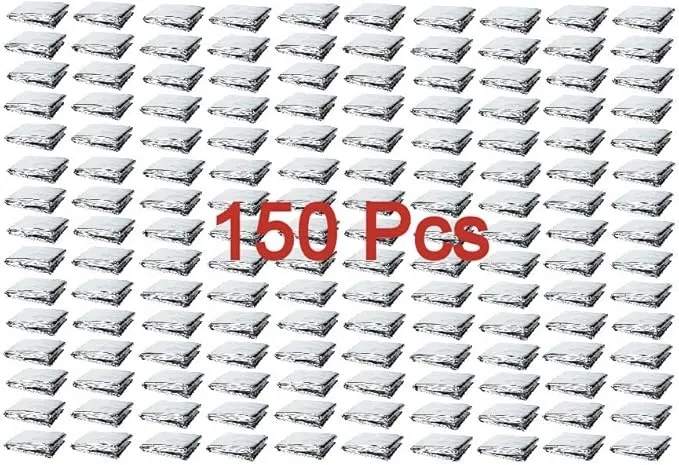 GALAXYLENSE Emergency Mylar Thermal Blanket for Survival First Aid Kits Army Outdoors Hiking Camping Bug Out Trauma Desert All Weather Condition Protection (150 Packs Silver)