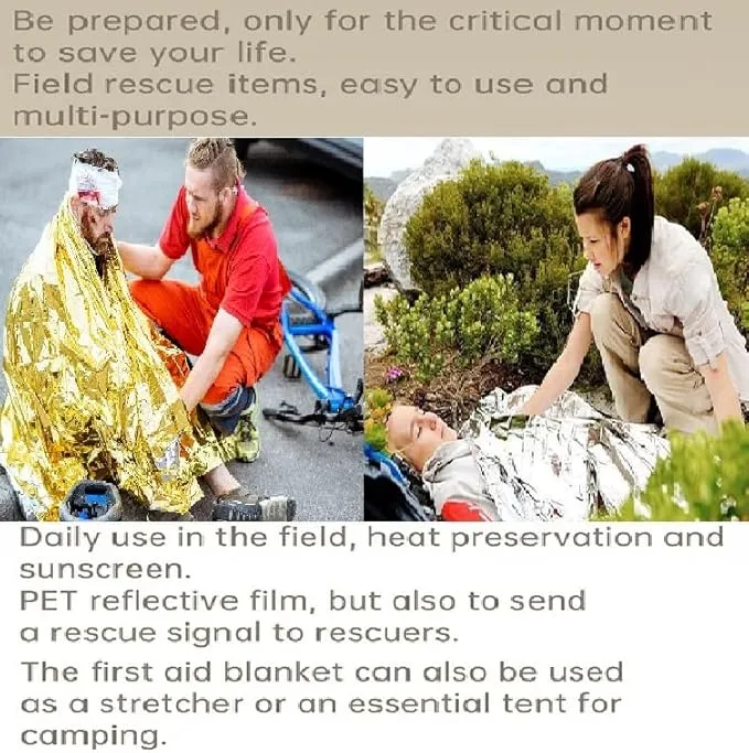 GALAXYLENSE Emergency Mylar Thermal Blanket for Survival First Aid Kits Army Outdoors Hiking Camping Bug Out Trauma Desert All Weather Condition Protection (_One Side Silver/One Side Gold)