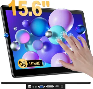 Gallagher Portable Touchscreen Monitor,15.6" Laptop Screen Extender,1080P IPS 10 Point Touch with HDMI VGA DVI VESA Speakers for PC,CCTV, POS, Industrial Medical Equipment (15.6” Touchscreen Monitor)