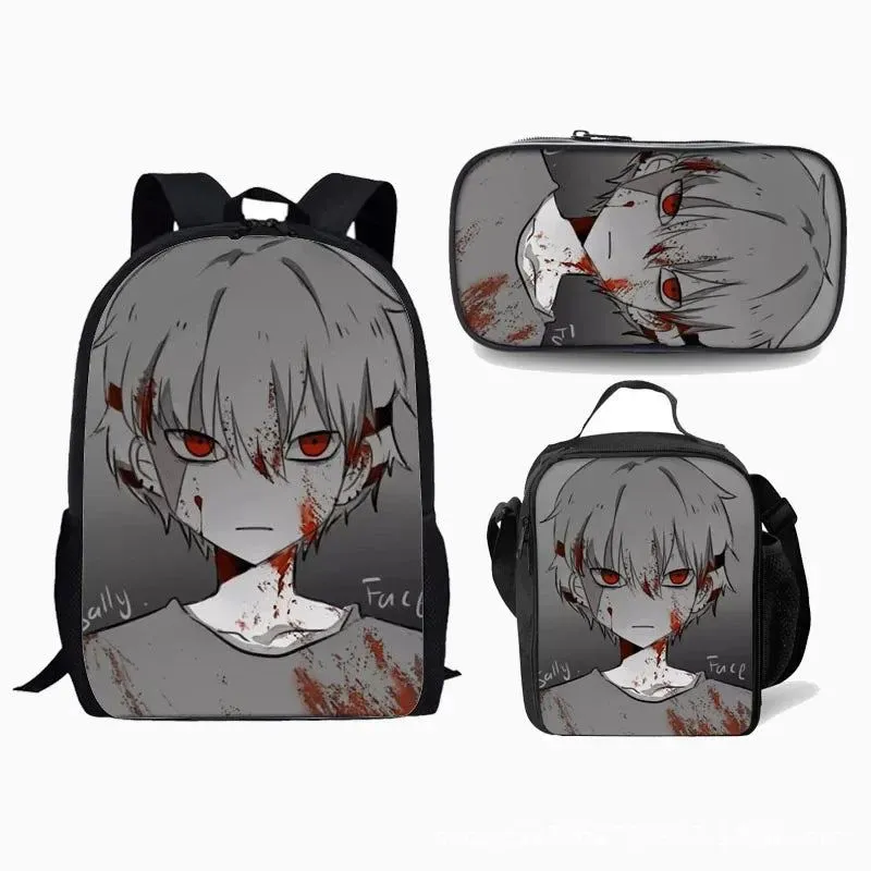 Game Sally Face Schoolbag Backpack Lunch Bag Pencil Case Set Gift for Kids Students