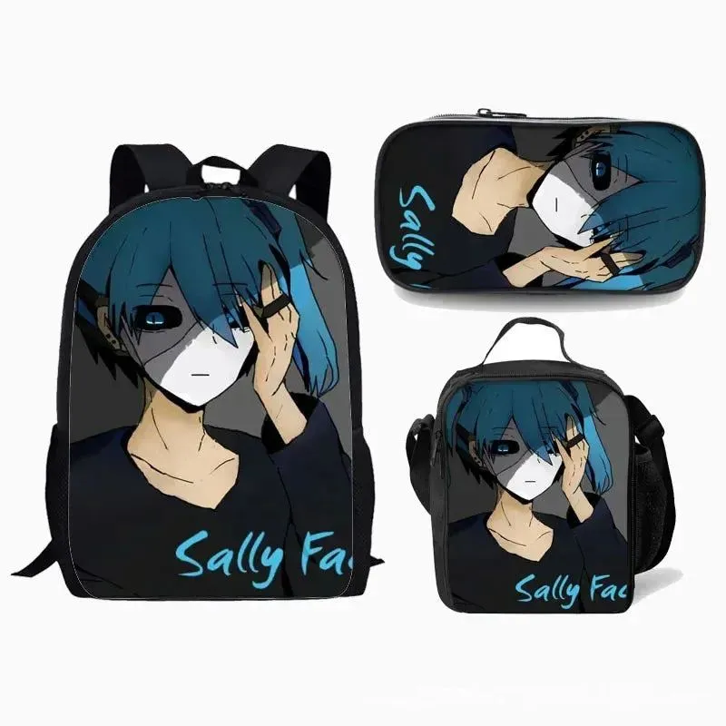 Game Sally Face Schoolbag Backpack Lunch Bag Pencil Case Set Gift for Kids Students