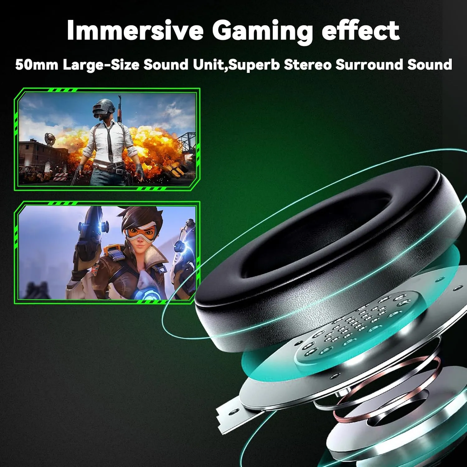Gaming Headset for PC/PS4/PS5/Xbox One/Switch, Stereo Surround Sound Gaming Headphones with Noise Canceling Flexible Mic, Computer Headset with 3.5mm Jack & RGB Light(Green)