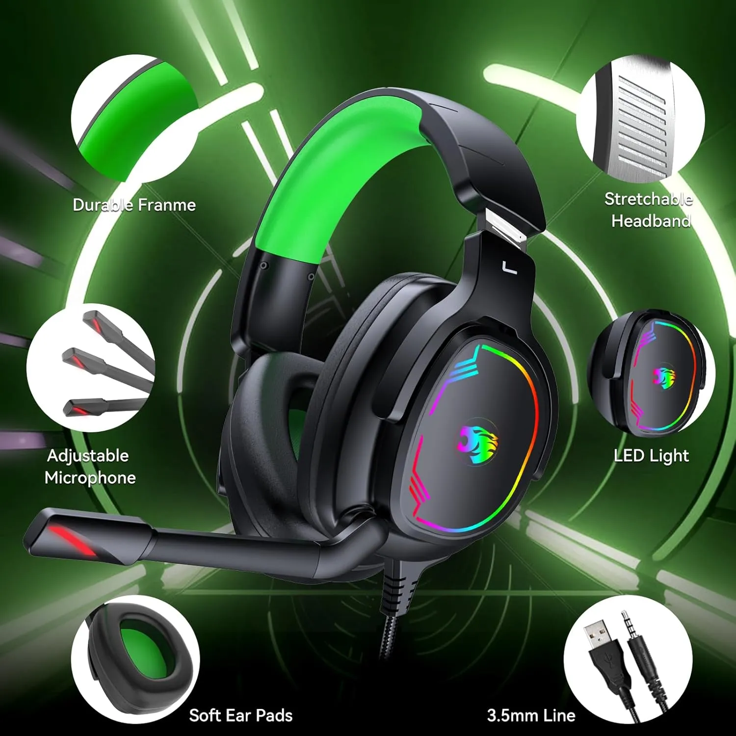Gaming Headset for PC/PS4/PS5/Xbox One/Switch, Stereo Surround Sound Gaming Headphones with Noise Canceling Flexible Mic, Computer Headset with 3.5mm Jack & RGB Light(Green)