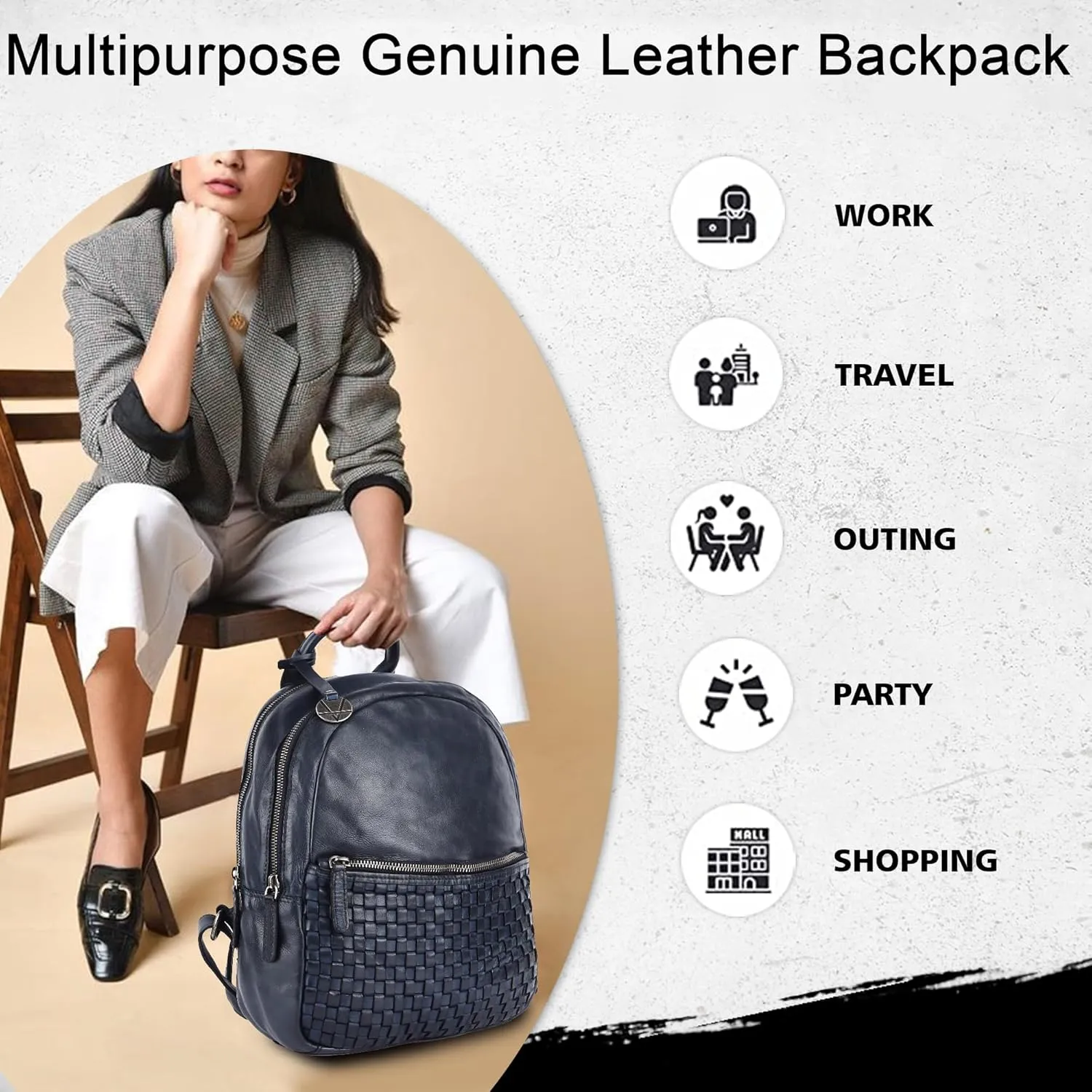 Genuine Leather Backpack for Men, Casual Backpack for Women Office Bag with Adjustable Shoulder Strap (VL-054-NAVY)