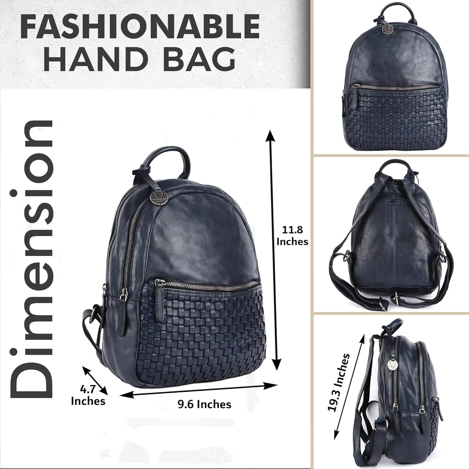 Genuine Leather Backpack for Men, Casual Backpack for Women Office Bag with Adjustable Shoulder Strap (VL-054-NAVY)
