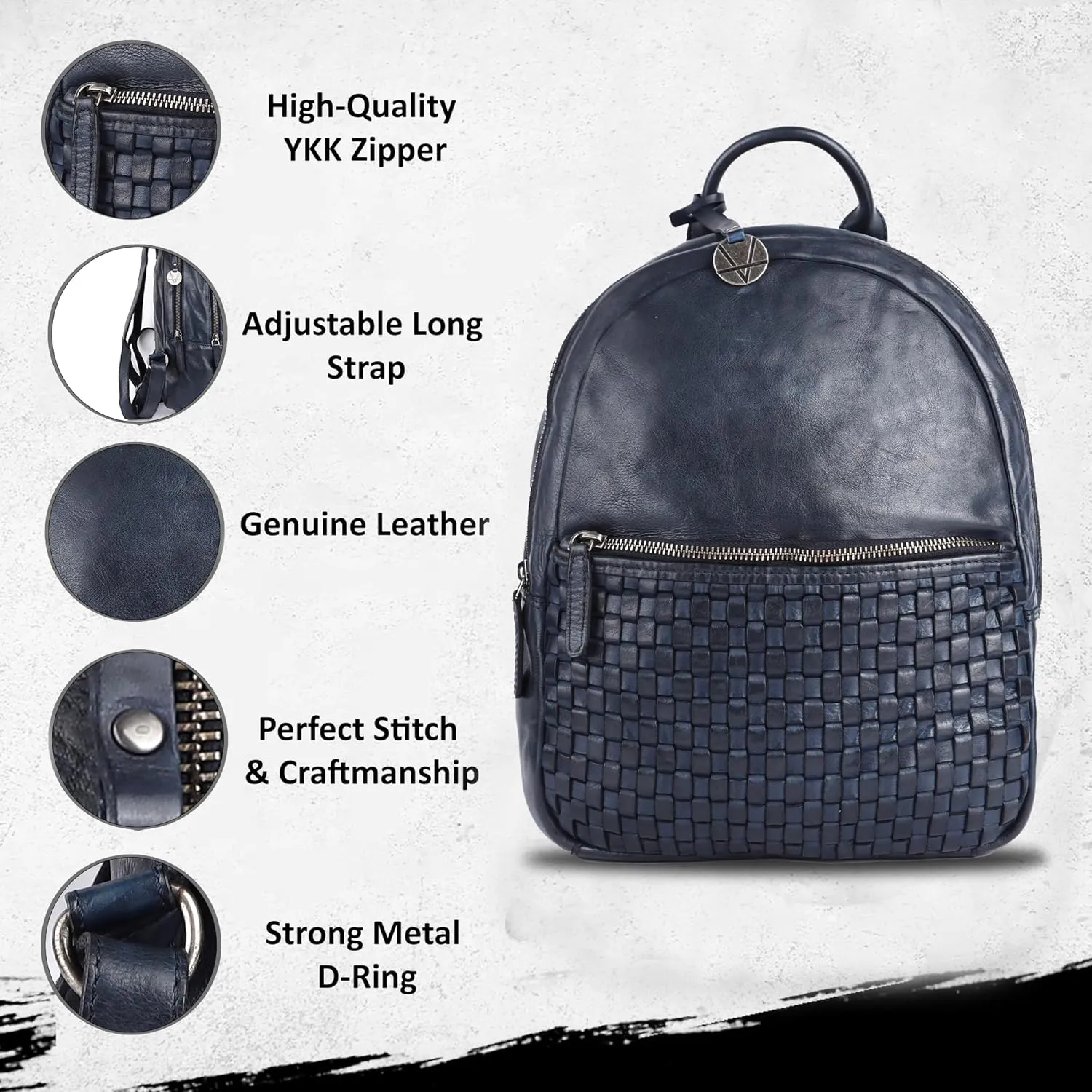Genuine Leather Backpack for Men, Casual Backpack for Women Office Bag with Adjustable Shoulder Strap (VL-054-NAVY)