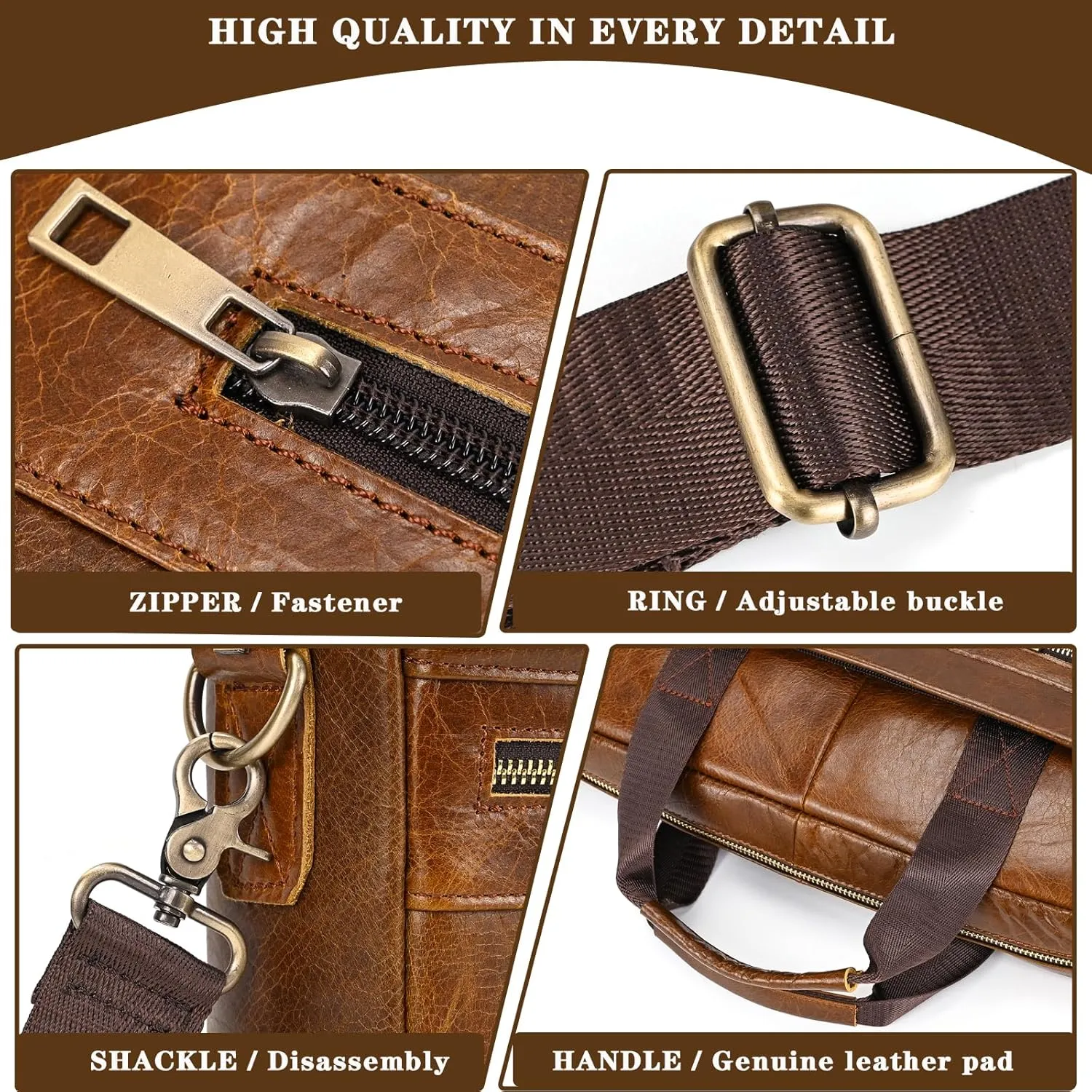 Genuine Leather Briefcase for Men, Laptop Computer Shoulder Bag With Strap, 15.6 Inch Business Travel Work Handbag
