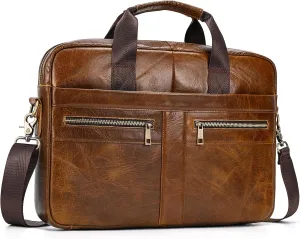 Genuine Leather Briefcase for Men, Laptop Computer Shoulder Bag With Strap, 15.6 Inch Business Travel Work Handbag