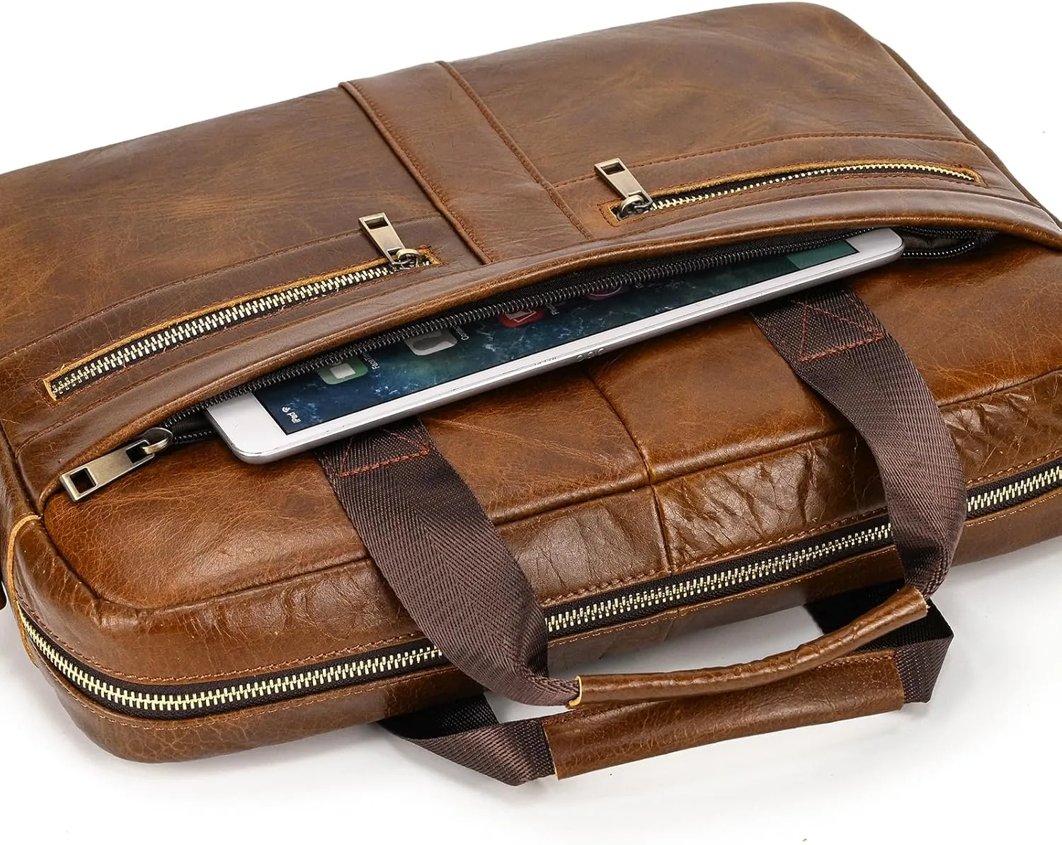 Genuine Leather Briefcase for Men, Laptop Computer Shoulder Bag With Strap, 15.6 Inch Business Travel Work Handbag