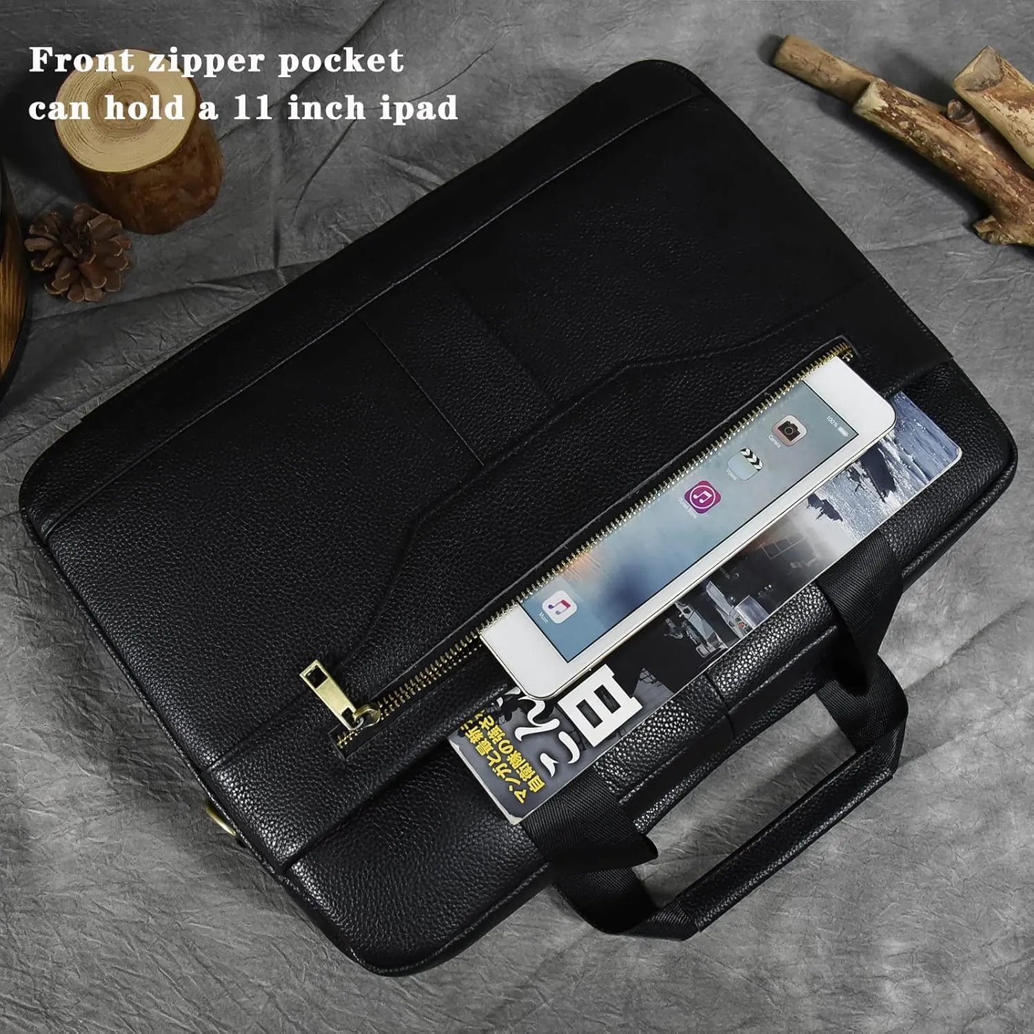 Genuine Leather Briefcase for Men, Laptop Computer Shoulder Bag With Strap, 15.6 Inch Business Travel Work Handbag