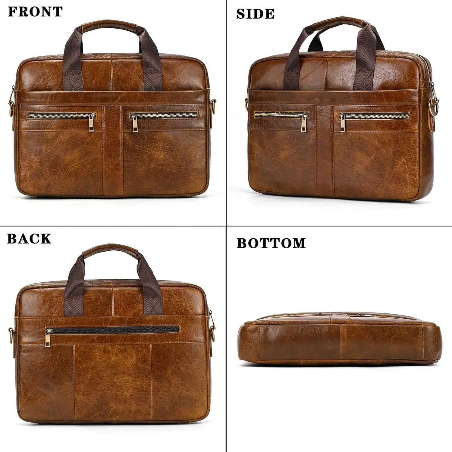 Genuine Leather Briefcase for Men, Laptop Computer Shoulder Bag With Strap, 15.6 Inch Business Travel Work Handbag