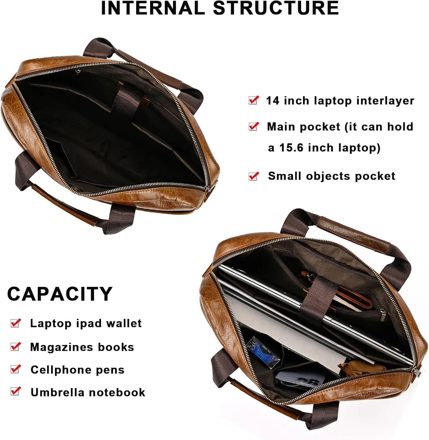 Genuine Leather Briefcase for Men, Laptop Computer Shoulder Bag With Strap, 15.6 Inch Business Travel Work Handbag