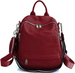Genuine Leather Women's Small Zipper Backpack with Round Leather Coin Purse(Wine Red)