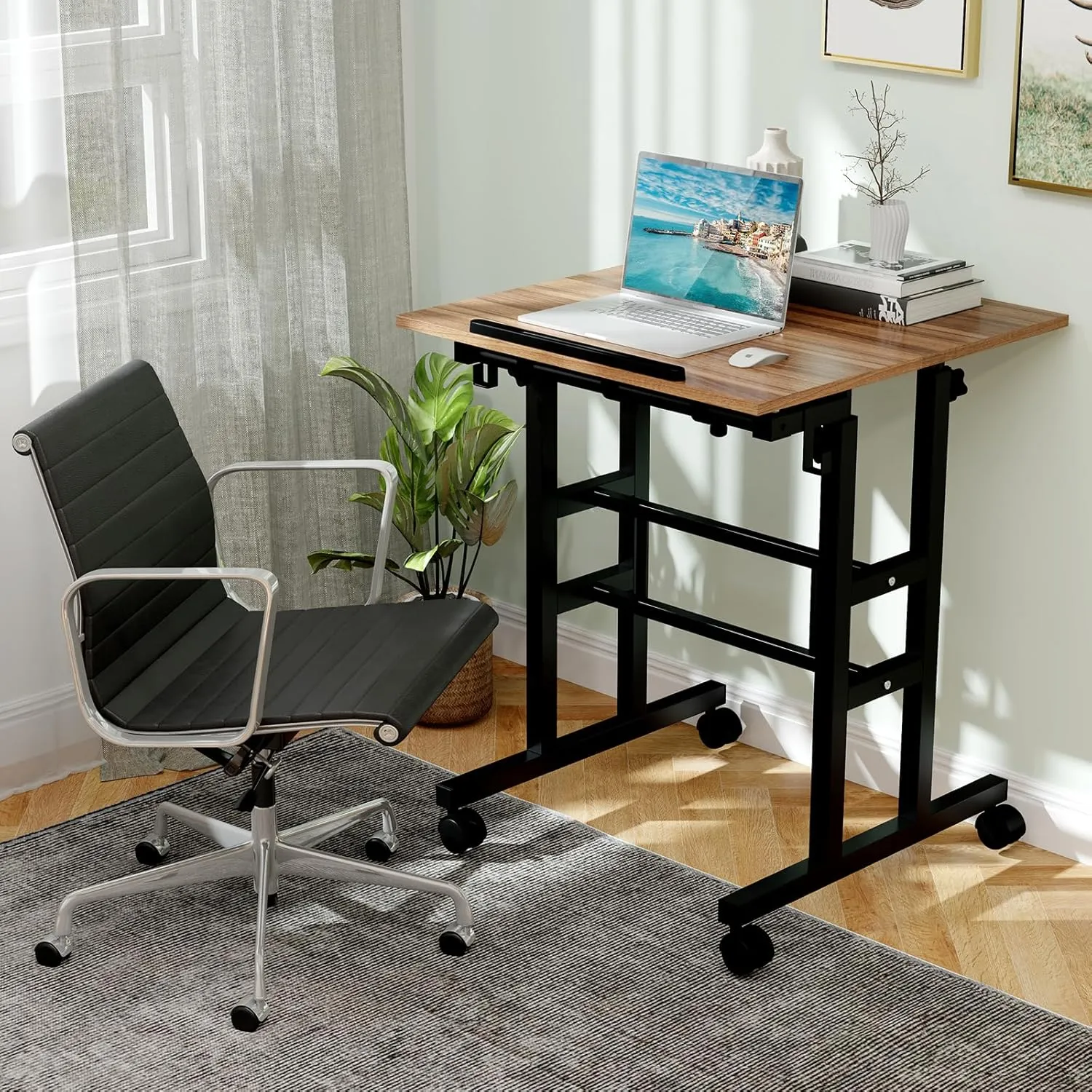 GOFLAME Mobile Standing Desk, Height Adjustable Stand Up Computer Workstation, 2 Split Tops, Tiltable Desktop, Rolling Podium Stand, Portable Laptop Cart with Wheels for Home Office, Black   Brown
