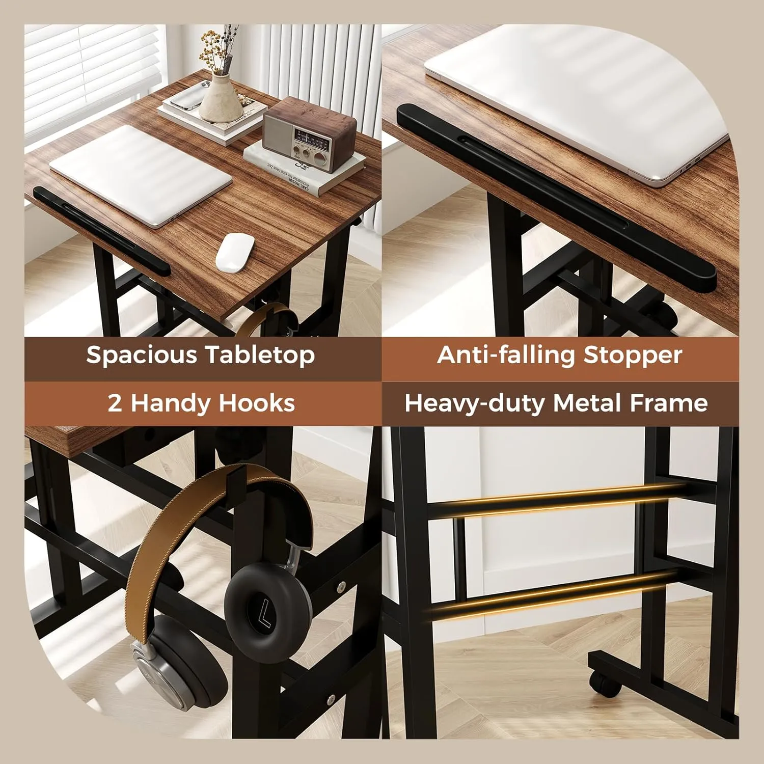 GOFLAME Mobile Standing Desk, Height Adjustable Stand Up Computer Workstation, 2 Split Tops, Tiltable Desktop, Rolling Podium Stand, Portable Laptop Cart with Wheels for Home Office, Black   Brown