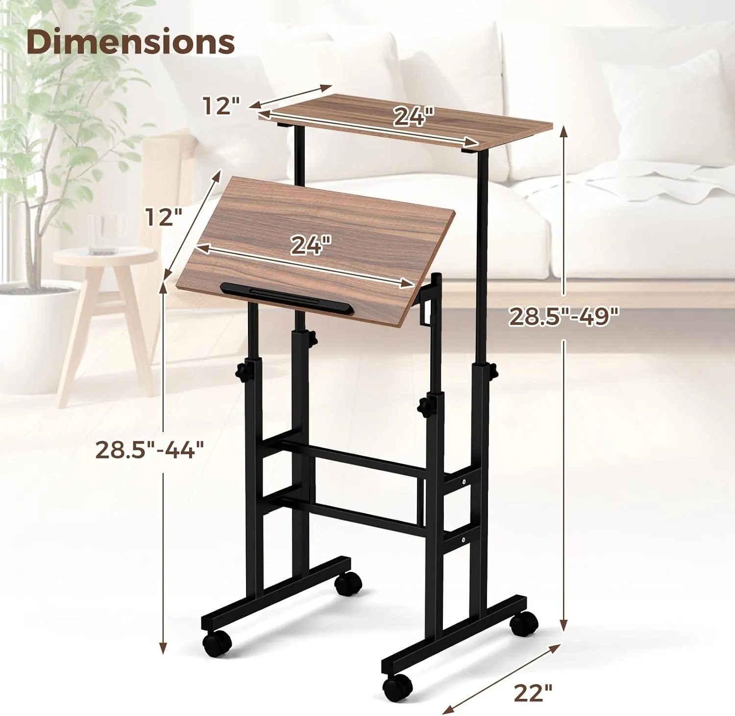 GOFLAME Mobile Standing Desk, Height Adjustable Stand Up Computer Workstation, 2 Split Tops, Tiltable Desktop, Rolling Podium Stand, Portable Laptop Cart with Wheels for Home Office, Black   Brown