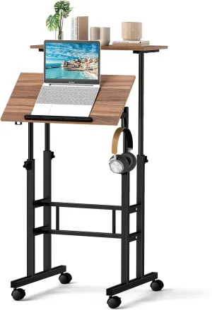 GOFLAME Mobile Standing Desk, Height Adjustable Stand Up Computer Workstation, 2 Split Tops, Tiltable Desktop, Rolling Podium Stand, Portable Laptop Cart with Wheels for Home Office, Black   Brown