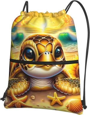Gold Sunflowers Sea Turtle Drawstring Backpack Unisex Gym Bags Sport String Bag for Hiking Yoga Travel Swimming Beach 15 X 18 Inch