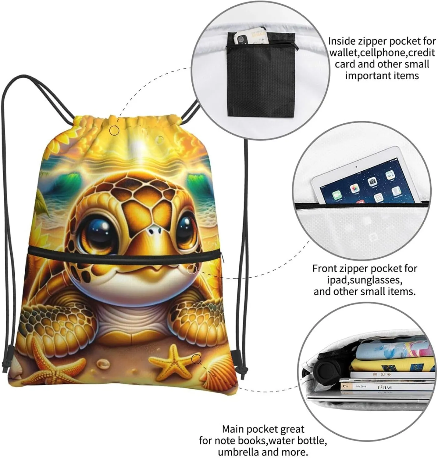 Gold Sunflowers Sea Turtle Drawstring Backpack Unisex Gym Bags Sport String Bag for Hiking Yoga Travel Swimming Beach 15 X 18 Inch