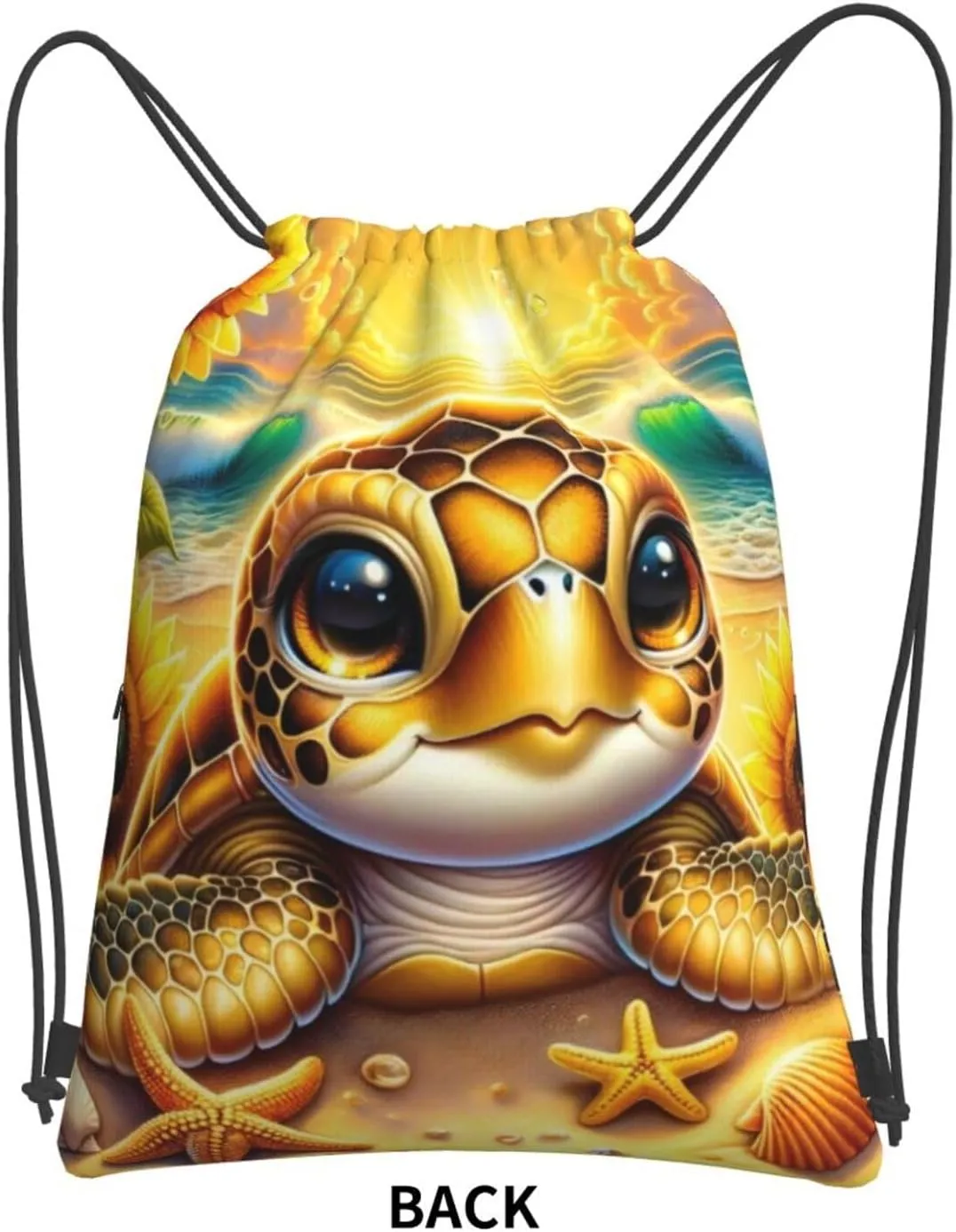 Gold Sunflowers Sea Turtle Drawstring Backpack Unisex Gym Bags Sport String Bag for Hiking Yoga Travel Swimming Beach 15 X 18 Inch