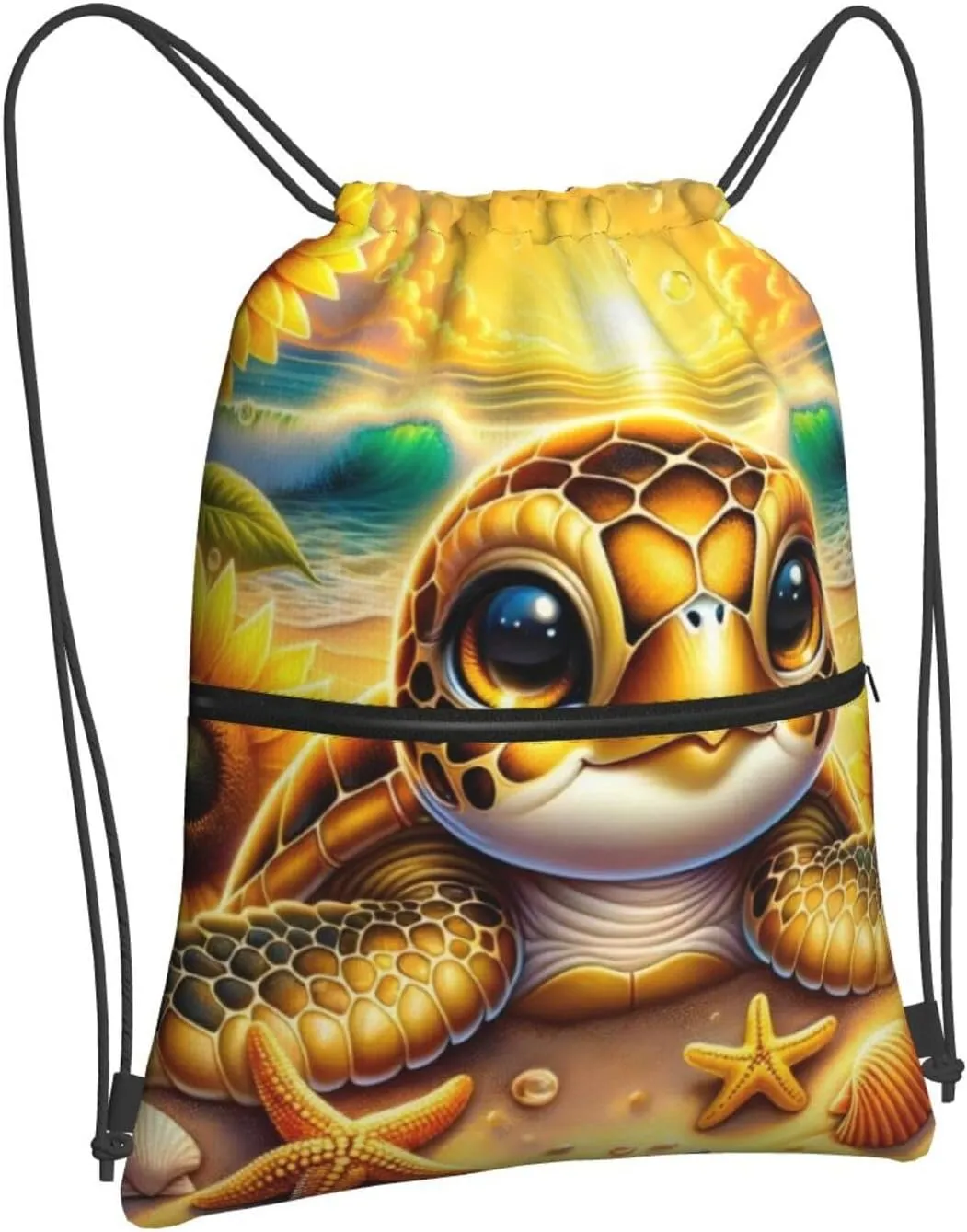 Gold Sunflowers Sea Turtle Drawstring Backpack Unisex Gym Bags Sport String Bag for Hiking Yoga Travel Swimming Beach 15 X 18 Inch