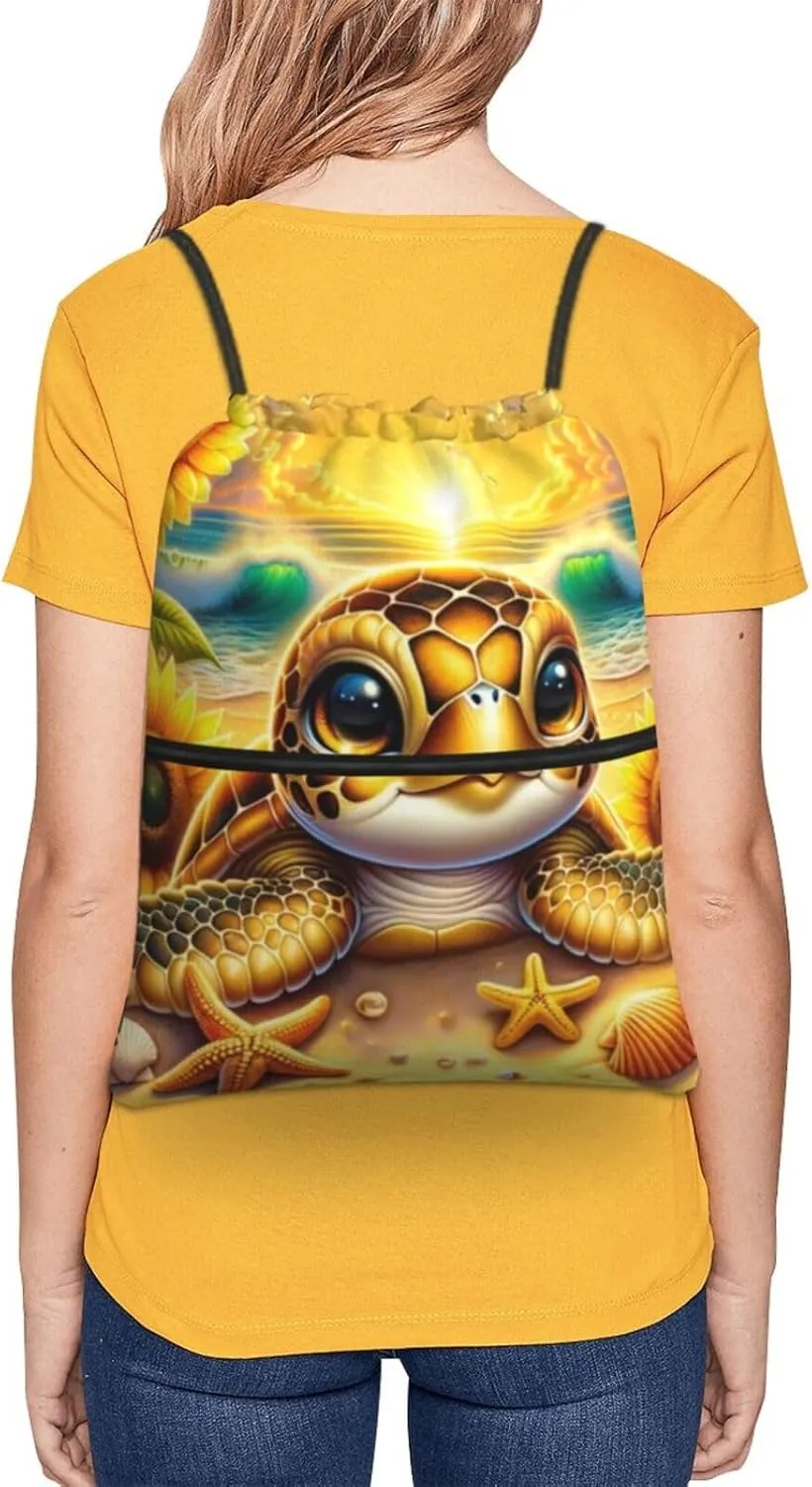 Gold Sunflowers Sea Turtle Drawstring Backpack Unisex Gym Bags Sport String Bag for Hiking Yoga Travel Swimming Beach 15 X 18 Inch