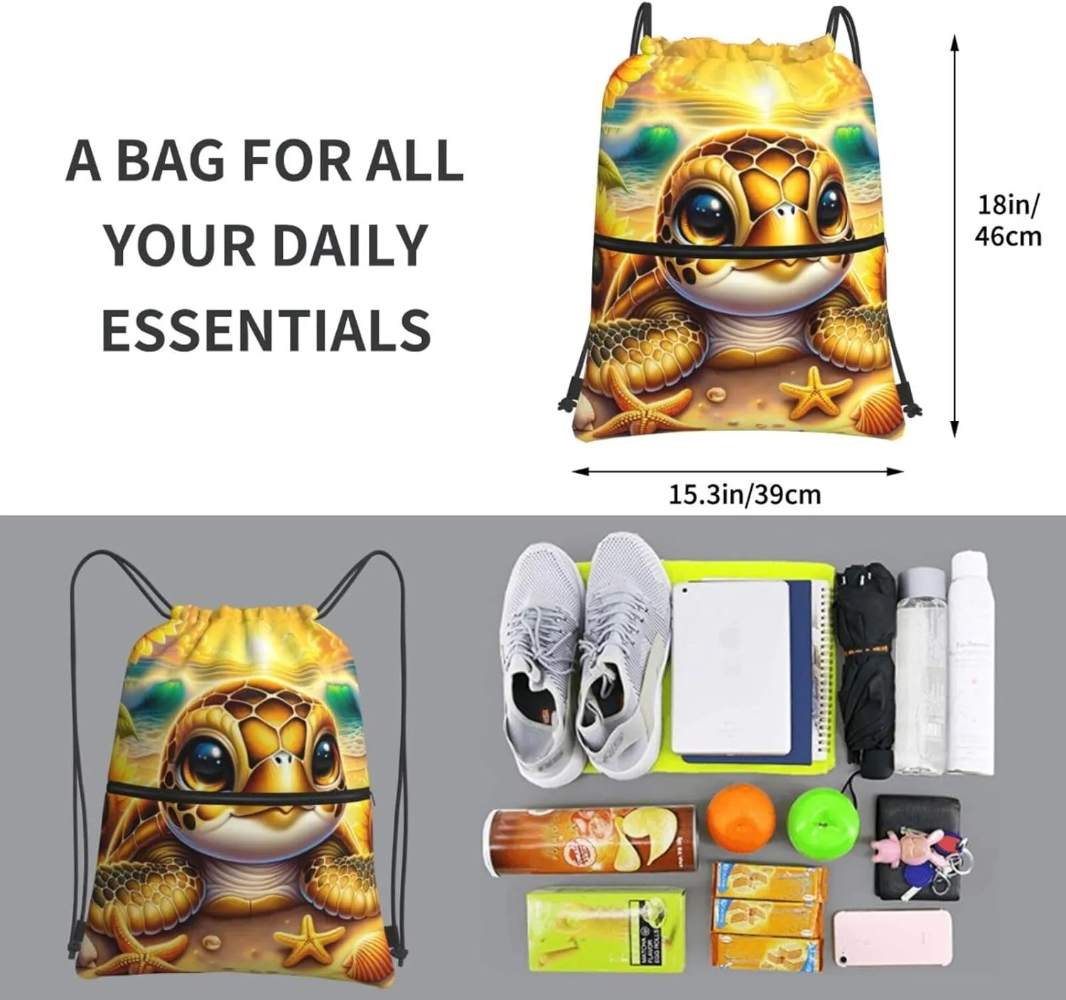 Gold Sunflowers Sea Turtle Drawstring Backpack Unisex Gym Bags Sport String Bag for Hiking Yoga Travel Swimming Beach 15 X 18 Inch