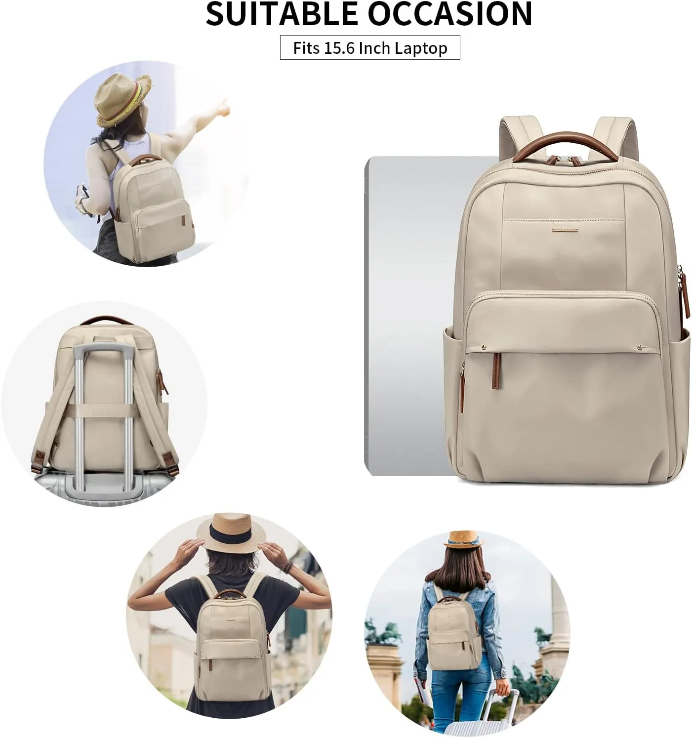 GOLF SUPAGS Laptop Backpack for Women Computer Bag Casual Daypack Fits 15.6 Inch Notebook Work Travel Backpacks (Apricot)