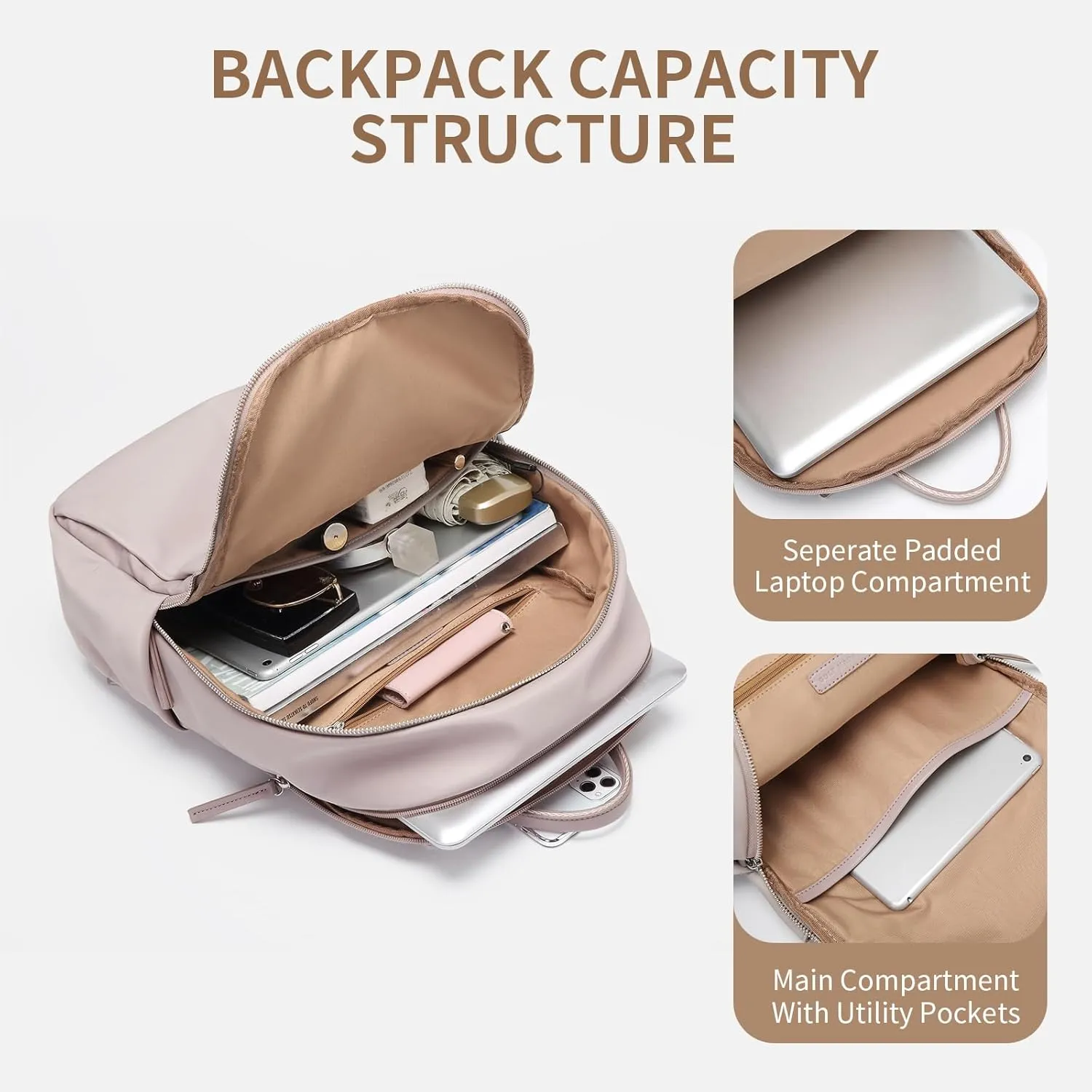 GOLF SUPAGS Womens Laptop Backpack with Separate Laptop Compartment Water Resistant Computer Backpacks Fits 14 Inch Notebook Travel Work College Bags (14-Inch, Pinkish Grey)