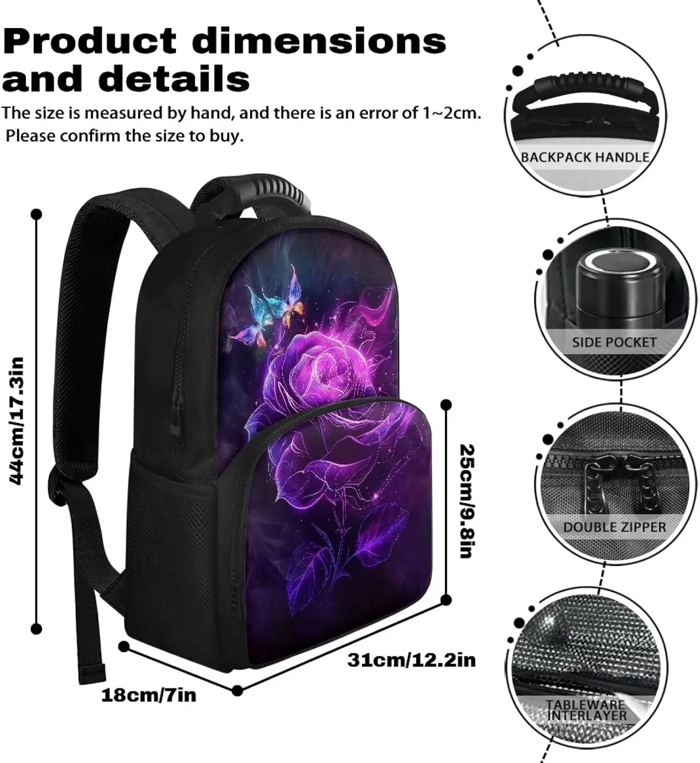 Gomyblomy 3D Rose Print Backpack for Women Work Camping Hiking Picnic Beach Cooler Backpack Insulated Lunchbox Coolers Backpack Butterfly Pattern Laptop Daypack for College