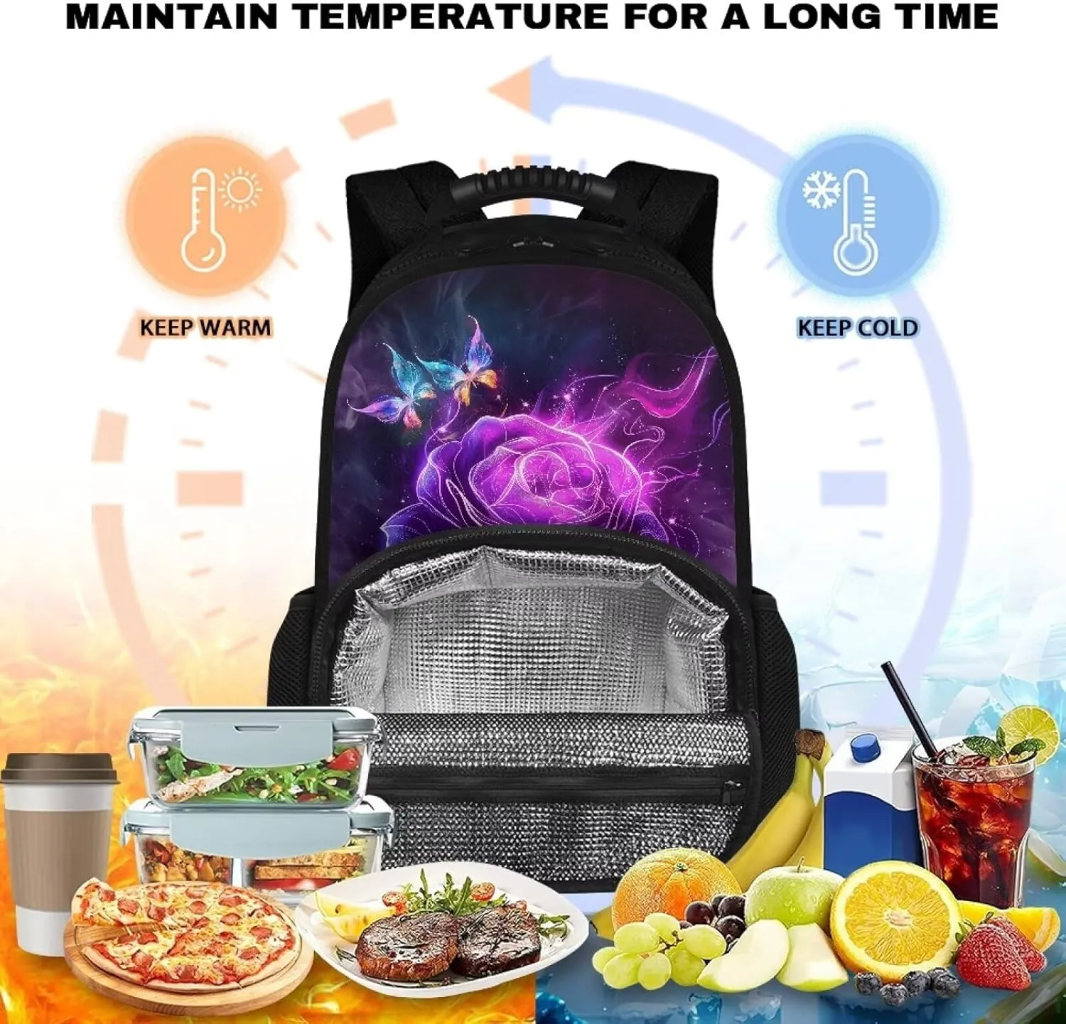 Gomyblomy 3D Rose Print Backpack for Women Work Camping Hiking Picnic Beach Cooler Backpack Insulated Lunchbox Coolers Backpack Butterfly Pattern Laptop Daypack for College