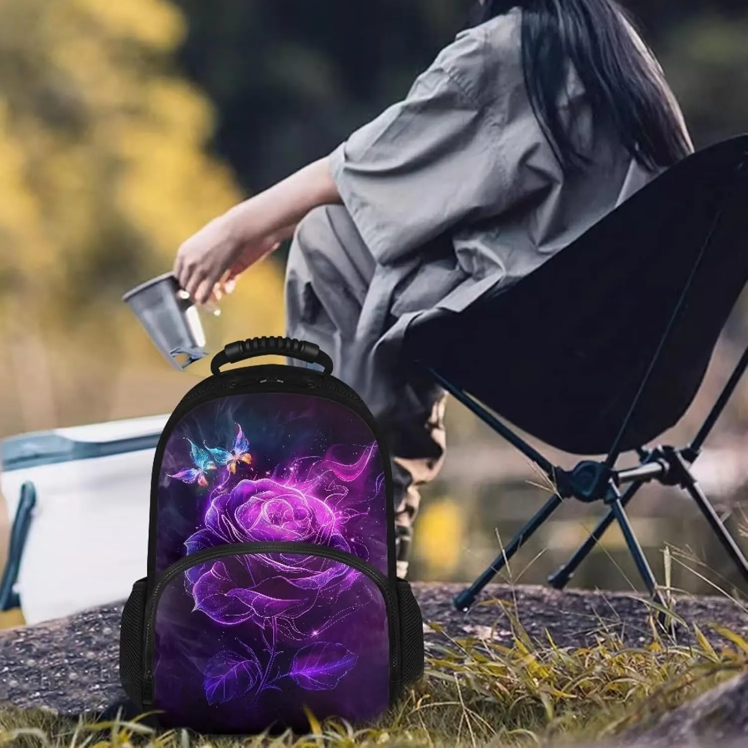 Gomyblomy 3D Rose Print Backpack for Women Work Camping Hiking Picnic Beach Cooler Backpack Insulated Lunchbox Coolers Backpack Butterfly Pattern Laptop Daypack for College