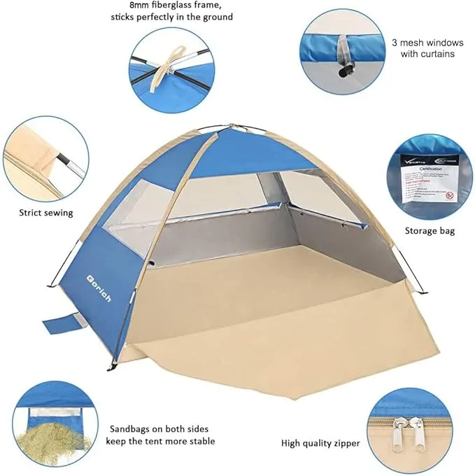 Gorich Beach Tent Sun Shelter for 3/4-5/6-7/8-10 Person with UPF 50＋ UV Protection, Lightweight & Easy Setup Beach Shade Canopy, Portable Beach Shade Tent Beach Cabana