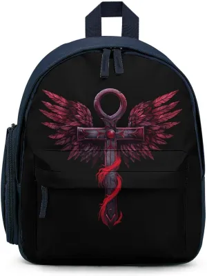 Gothic Silver Ankh Vampire with Red Wings Cute Backpack Lightweight Mini Shoulder Bag Travel Daypack for Camping Picnic