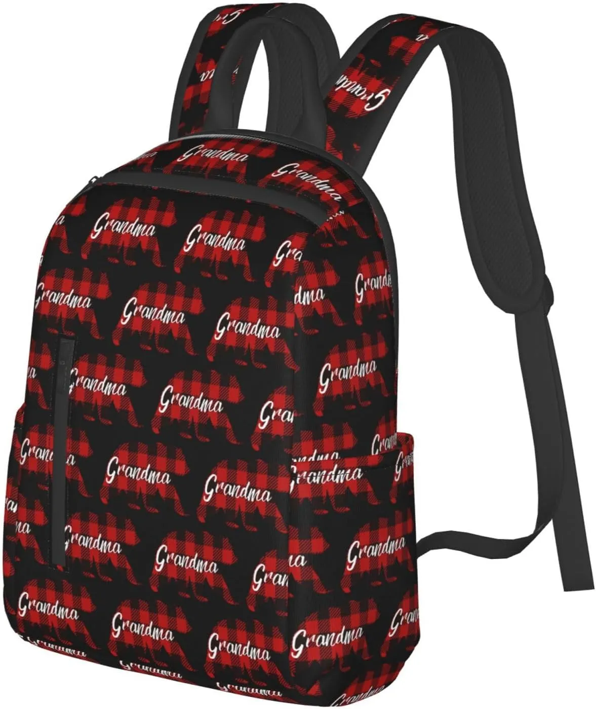 Grandma Bear Red Black Plaid Casual Backpacks Large Capacity Laptop Backpack Sports Rucksack Travel Daypack Adjustable Shoulder Strap Work Bag for Outdoor Camping