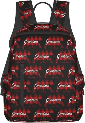 Grandma Bear Red Black Plaid Casual Backpacks Large Capacity Laptop Backpack Sports Rucksack Travel Daypack Adjustable Shoulder Strap Work Bag for Outdoor Camping