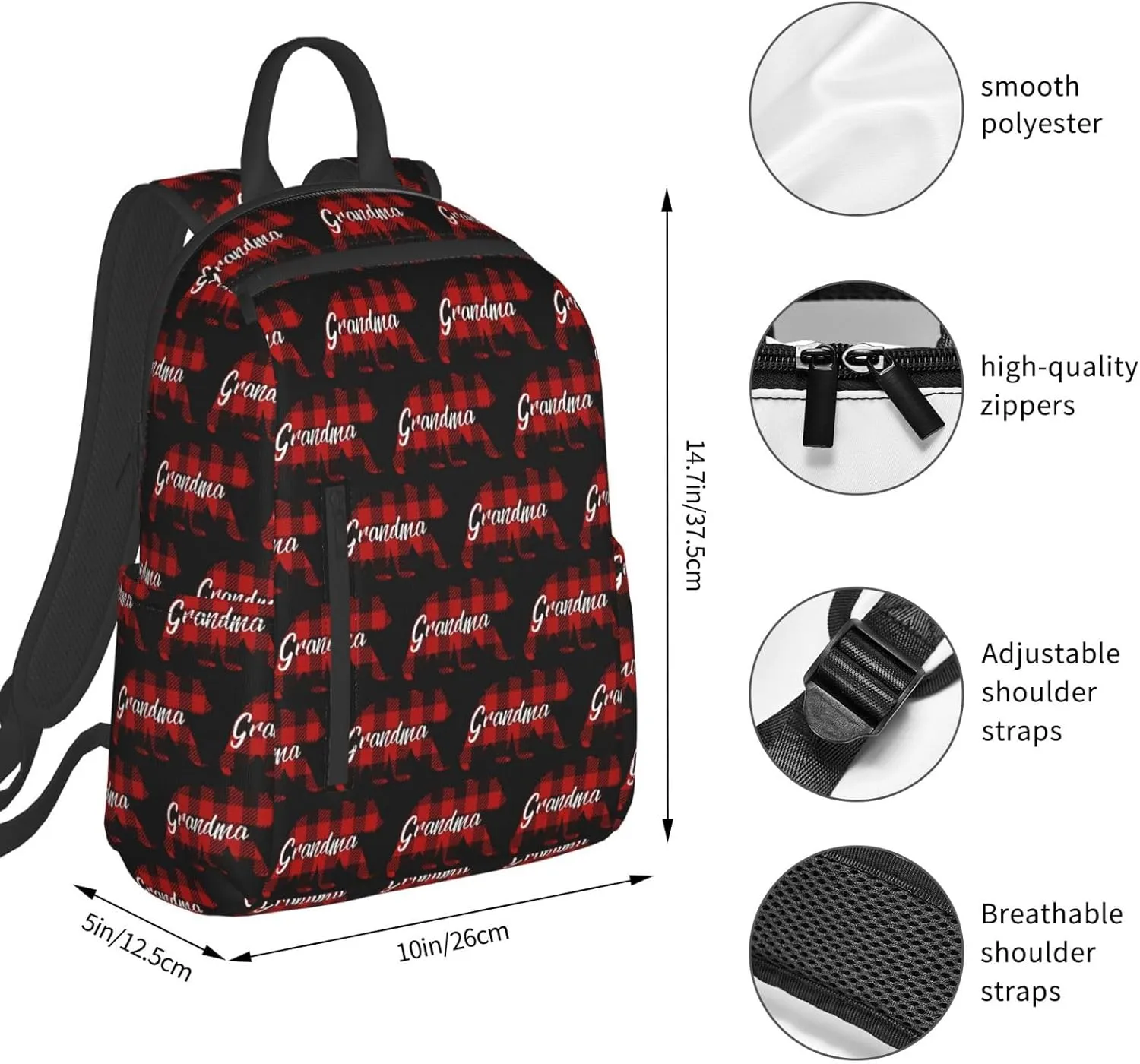 Grandma Bear Red Black Plaid Casual Backpacks Large Capacity Laptop Backpack Sports Rucksack Travel Daypack Adjustable Shoulder Strap Work Bag for Outdoor Camping