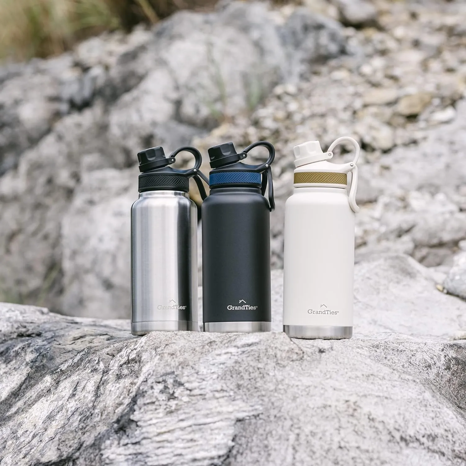 GRANDTIES 2 Lids Sports Stainless Steel Water Bottles – Wide Mouth Vacuum Insulated Reusable Leak Proof BPA-Free Travel Metal Canteen, Thermos Bottles for Men Women Gym (Ivory White 32 oz)