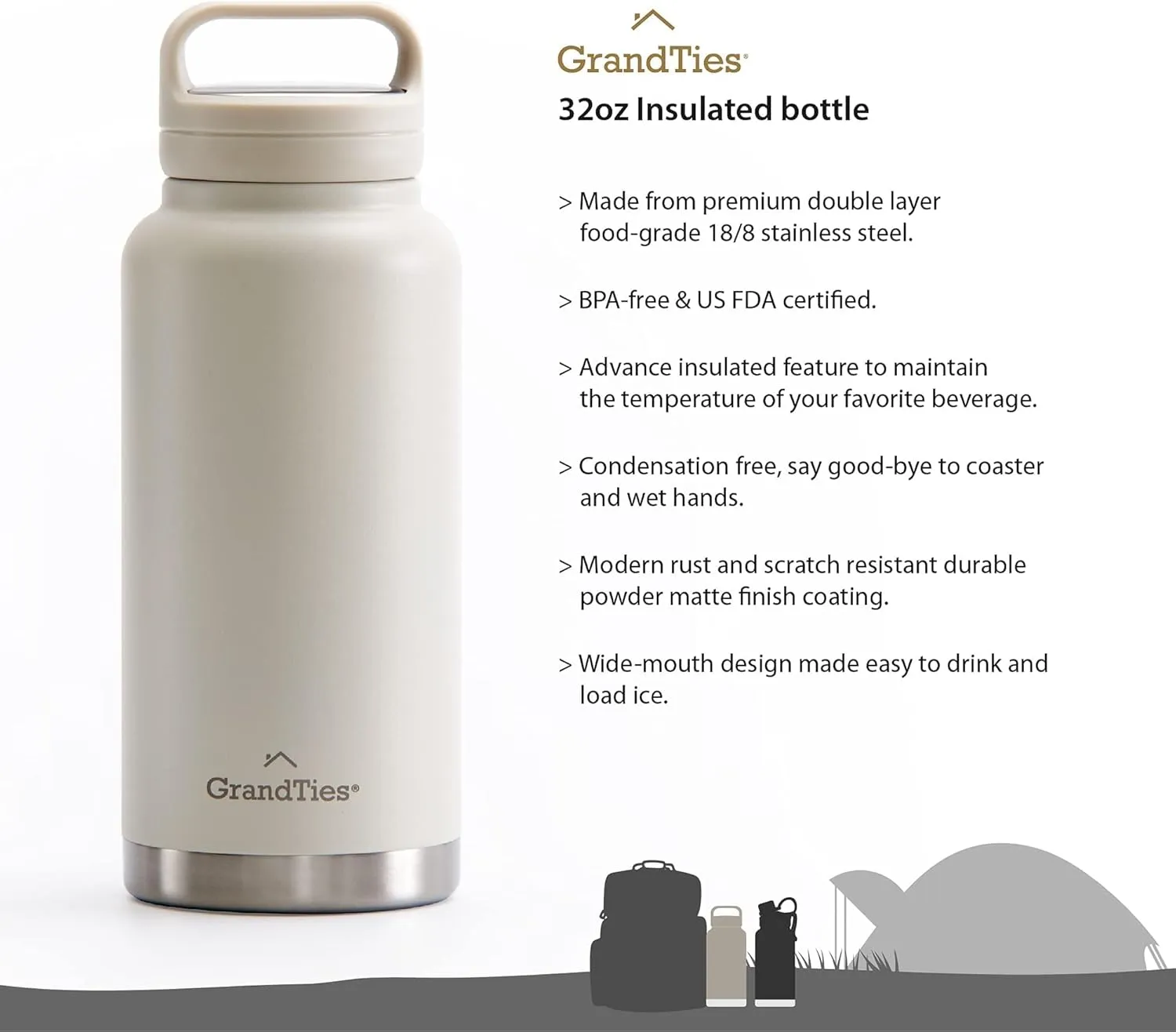 GRANDTIES 2 Lids Sports Stainless Steel Water Bottles – Wide Mouth Vacuum Insulated Reusable Leak Proof BPA-Free Travel Metal Canteen, Thermos Bottles for Men Women Gym (Ivory White 32 oz)