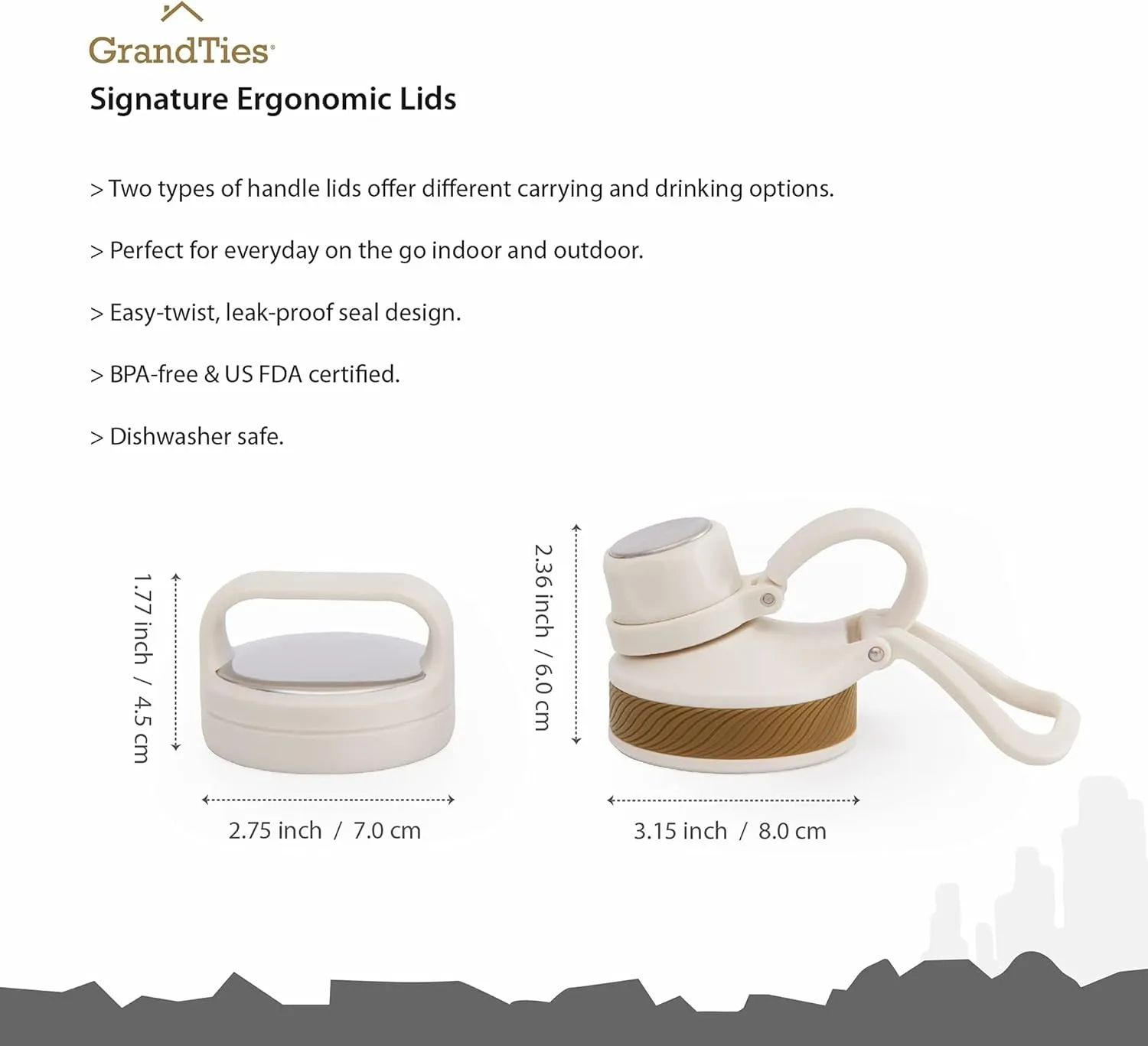 GRANDTIES 2 Lids Sports Stainless Steel Water Bottles – Wide Mouth Vacuum Insulated Reusable Leak Proof BPA-Free Travel Metal Canteen, Thermos Bottles for Men Women Gym (Ivory White 32 oz)