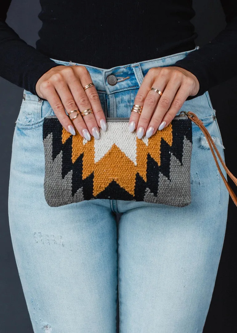 Gray, Black, Mustard & Cream Aztec Wristlet