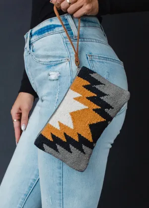 Gray, Black, Mustard & Cream Aztec Wristlet