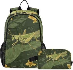 Green Cute Grasshopper Backpack with Lunch Bag, Travel School Backpack for Boys Girls Kids Backpacks Set